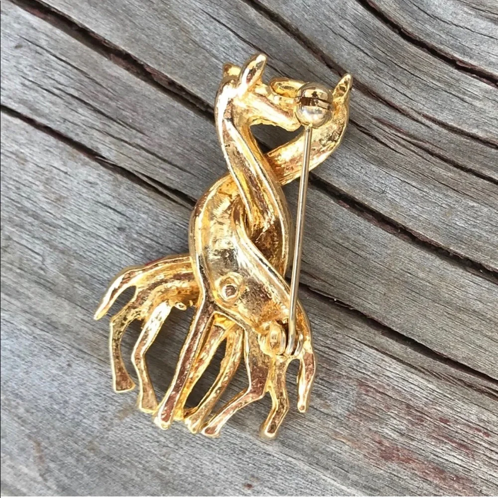 Vintage Gold Toned Enamel Entwined Giraffes Pin Brooch Orange Yellow